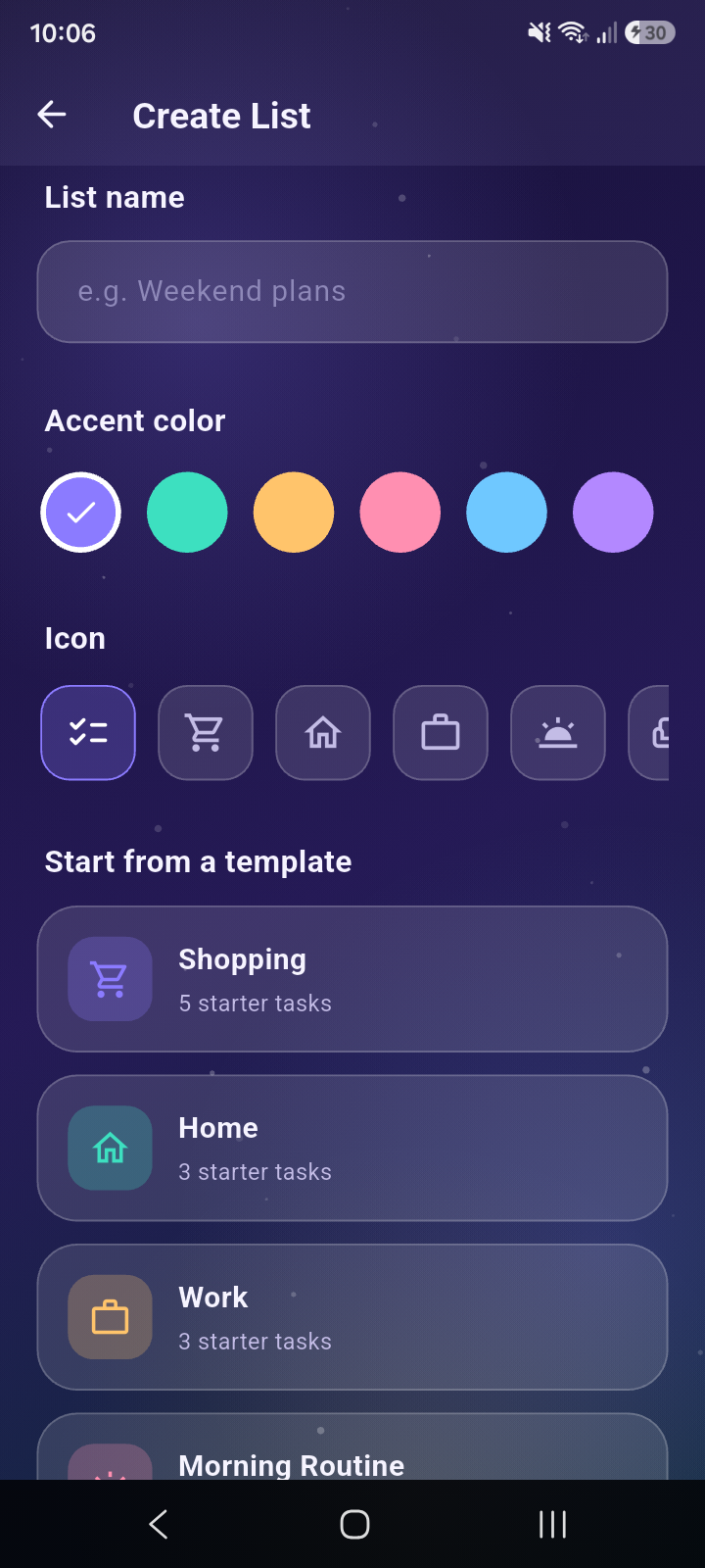 Lifestyle Check create list screen