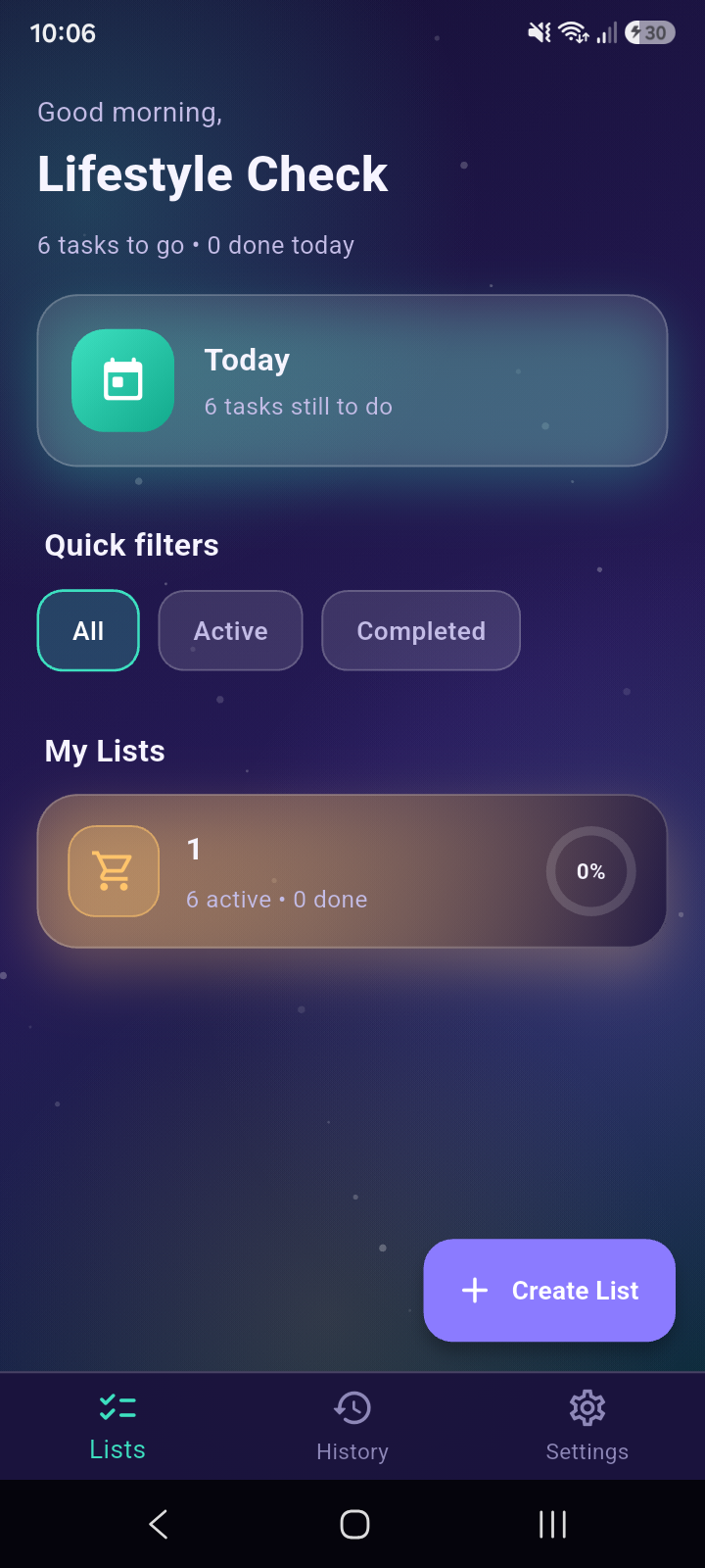 Lifestyle Check lists screen